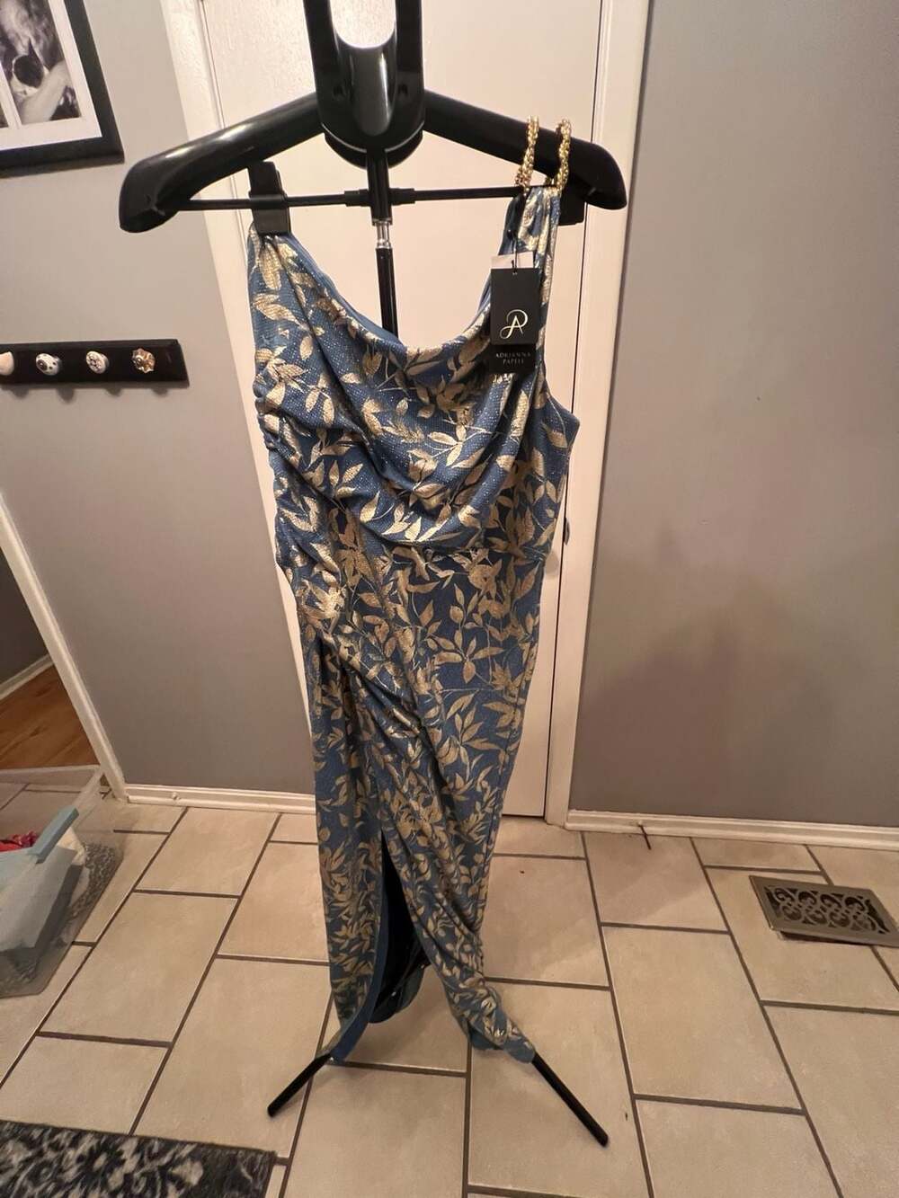 Adrianna Papell Asymmetrical Neck Metallic Lace Gown